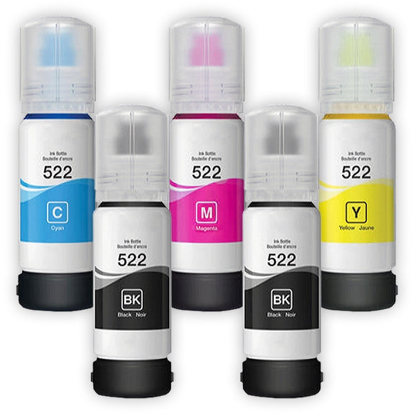 5-Pack Compatible Epson T522 EcoTank Ink Bottle [2BK+1C+1M+1Y]