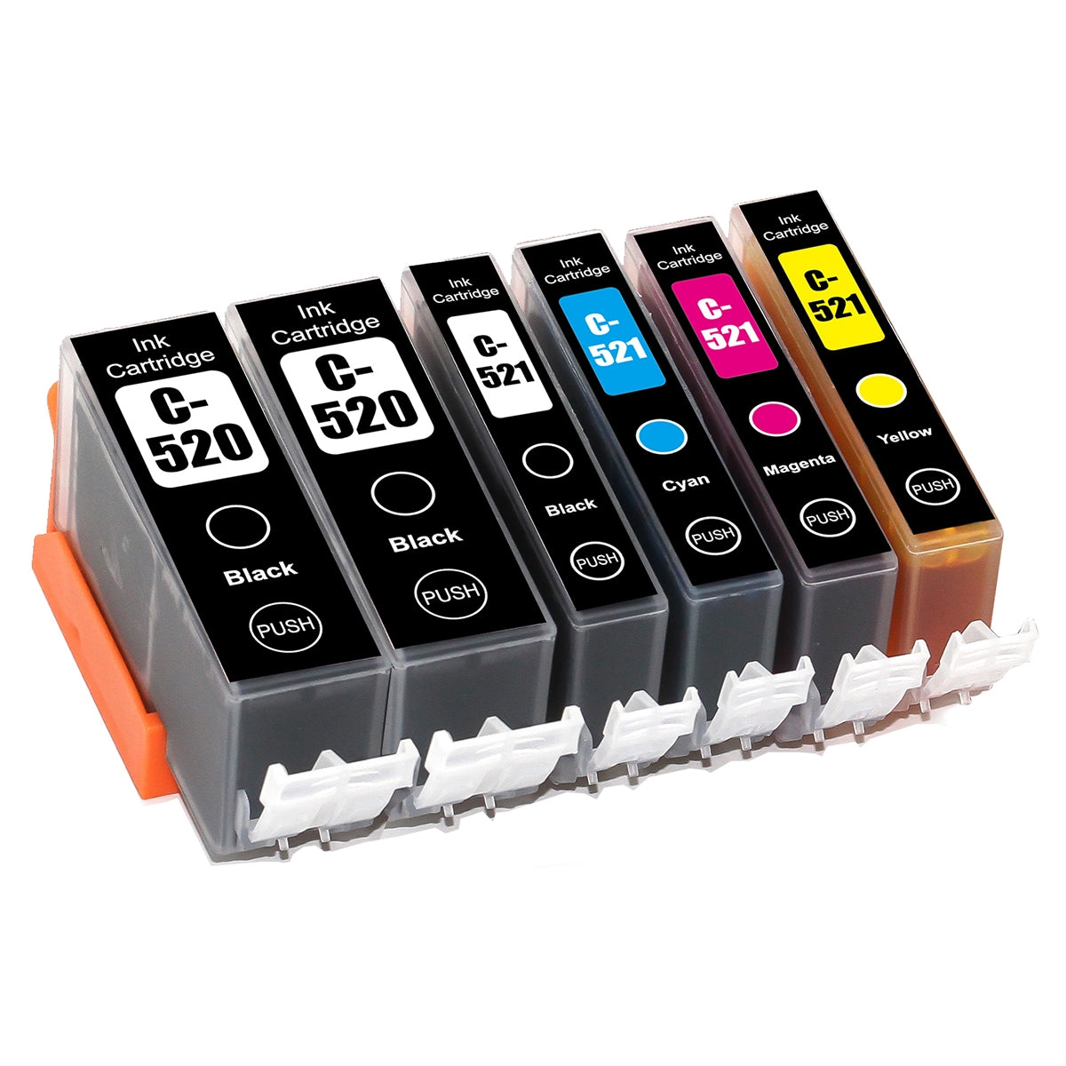 6-Pack Canon PGI-520, PGI520, CLI-521 Compatible Inkjet (with Chip) [2BK,1PBK,1C,1M,1Y]