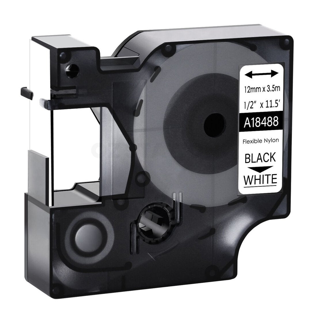 Dymo SD18488 Compatible 12mm Black Text on White Flexible Nylon Industrial Rhino Label Cassette - 3.5 meters