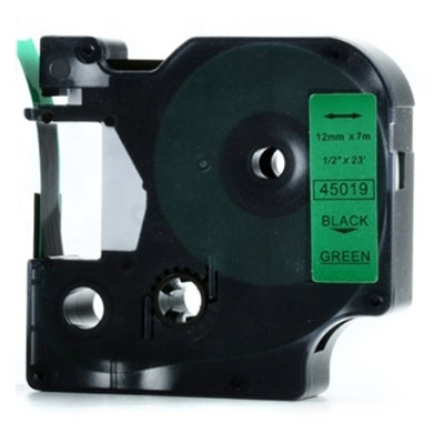 5 x Dymo SD45019 / S0720590 Compatible 12mm Black Text on Green Label Cassette - 7 meters