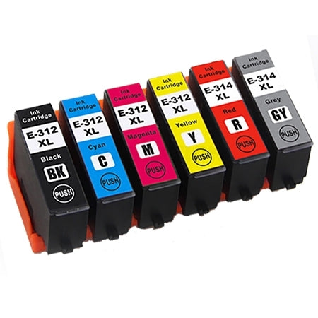 6 Pack Epson 312XL 314XL Compatible High Yield Inkjet Cartridge Combo [1BK,1C,1M,1Y,1GY,1R]
