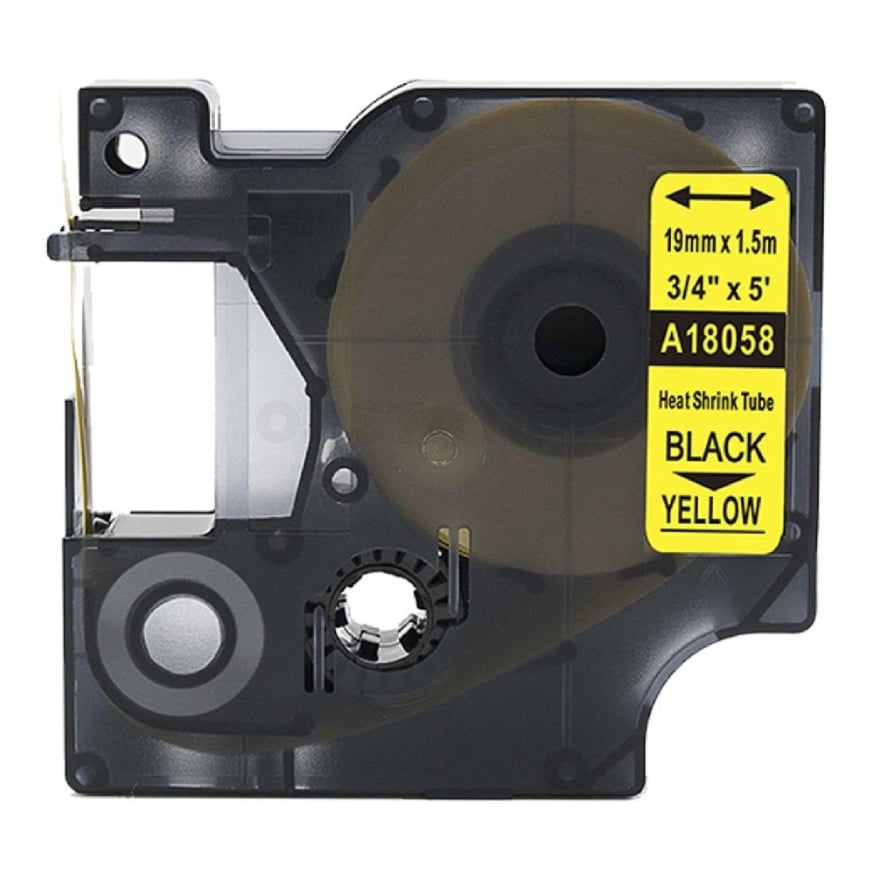 Dymo SD18058 Compatible 19mm Black Text on Yellow Heat-Shrink HeatShrink Tube Industrial Rhino Label Cassette - 1.5 meters