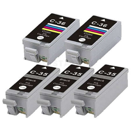5 Pack Canon PGI-35BK PGI35BK CLI-36C Compatible InkJet Cartridges Combo [3BK,2C]
