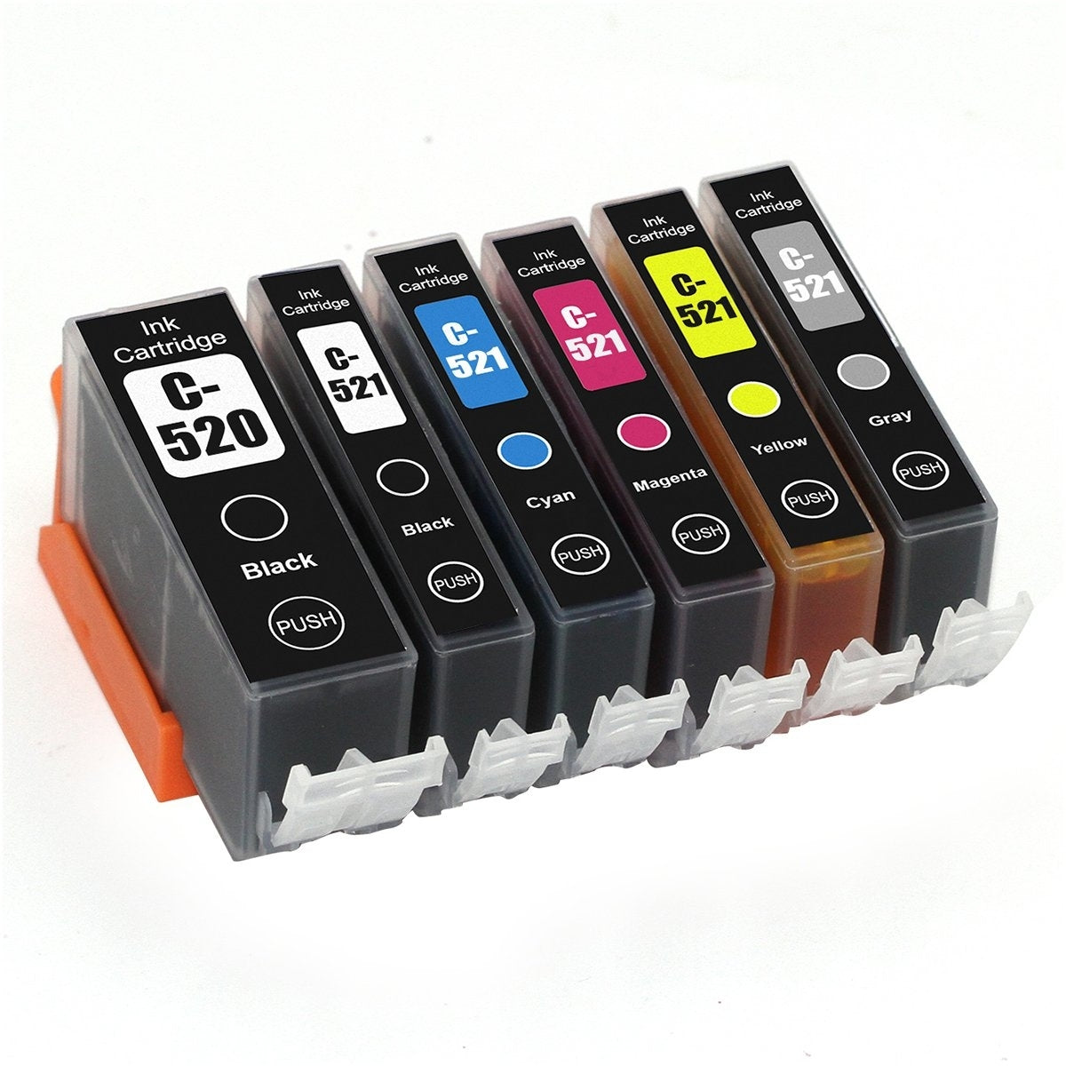 6-Pack Canon PGI-520, PGI520, CLI-521 Compatible Inkjet (with Chip) [1BK,1PBK,1C,1M,1Y,1GY]