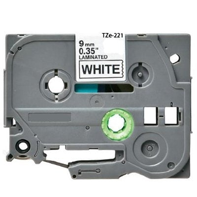10 x Brother TZe-221 TZe221 Compatible 9mm Black Text on White Laminated Tape - 8 meters