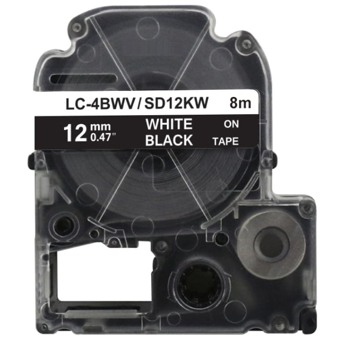 Compatible Epson C53S625107 SD12KW 12MM White on Black Tape - 8 meters