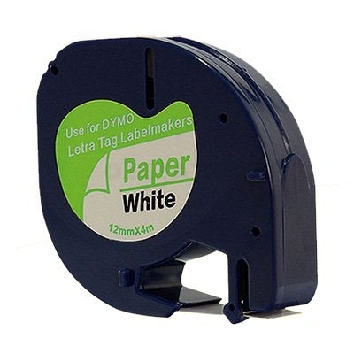Dymo SD91200 Compatible 12mm x 4m Black on White LetraTag Label Paper Tape