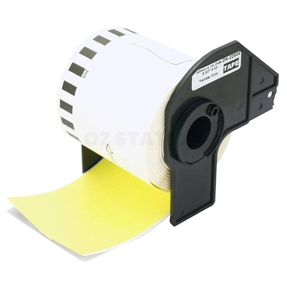 10 x Brother DK-22606 DK22606 Compatible Black Text on Yellow Continuous Film Label Roll 62mm x 15.24m