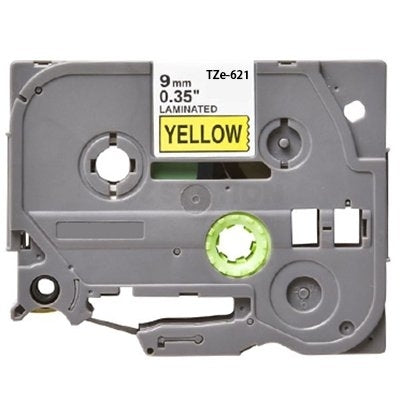 Brother TZe-621 TZe621 Compatible 9mm Black Text on Yellow Laminated Tape - 8 meters