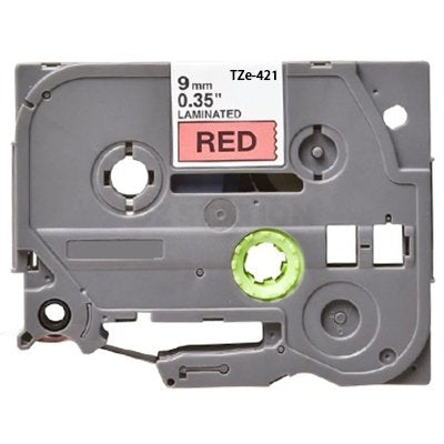 Brother TZe-421 TZe421 Compatible 9mm Black Text on Red Laminated Tape - 8 meters