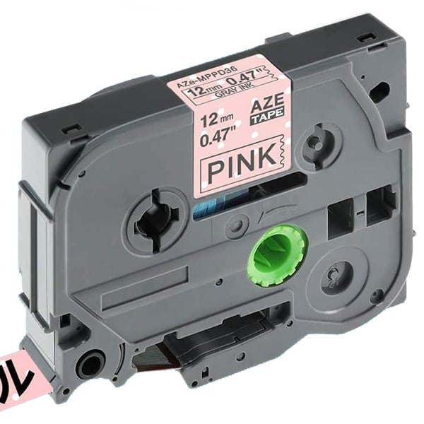 10 x Brother TZe-MPPD36 TZeMPPD36 Compatible 12mm Grey on Pink Polka Dot Laminated Tape - 4 metres